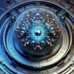 Naklejka premium high tech spherical chip, futuristic technology background texture with complex shapes