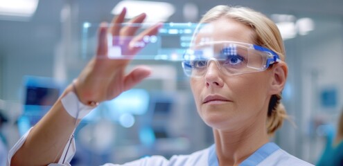 Focused scientist wearing high-tech eyewear interacts with virtual data screen. innovation, technology advancement, and futuristic research applications.