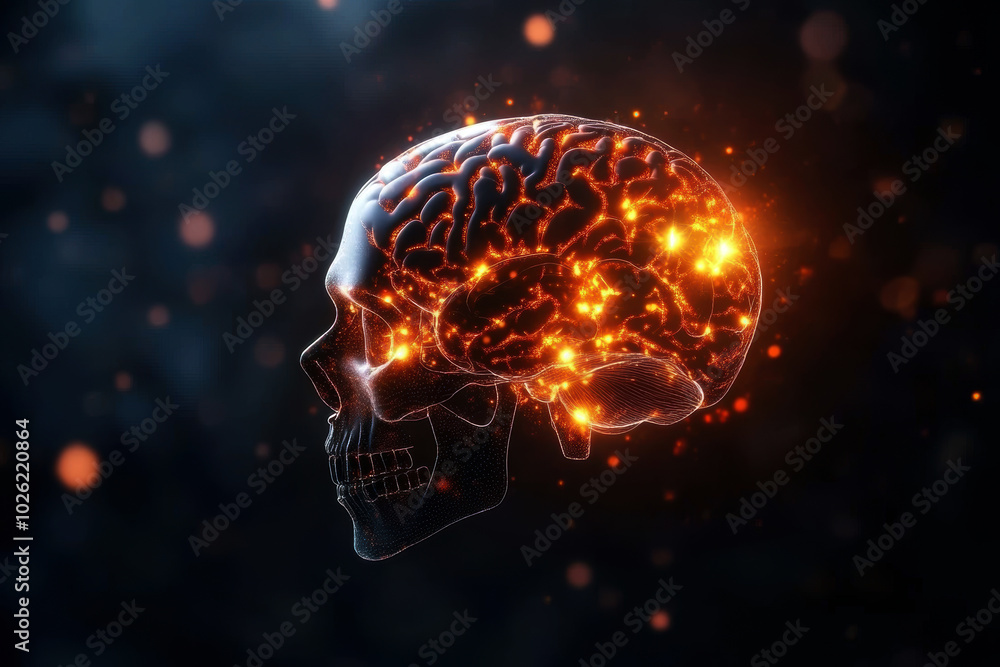 Poster a captivating visualization of a transparent skull with a glowing brain, symbolizing the interplay o