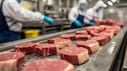 Freshly cut steaks moving along a meat processing conveyor belt, with workers in protective gear preparing them for packaging in the background.