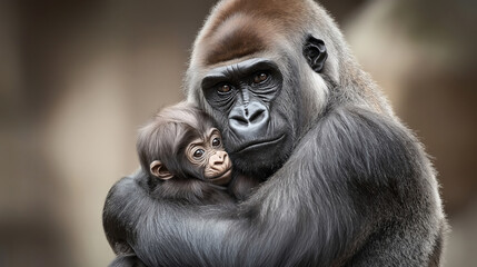 Fototapeta premium Close-up of a gorilla mother tenderly holding her infant, showcasing intimate bonding and maternal care in the animal kingdom.