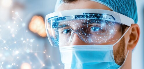 Doctor wearing advanced smart glasses with digital interface, enhancing medical diagnostics. innovative healthcare technology and futuristic medical practices.