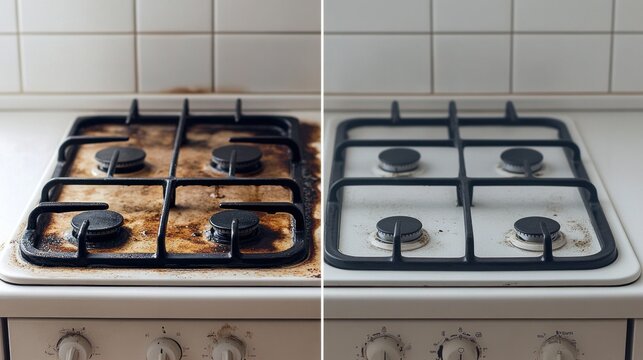 Split image of a dirty and clean gas stove highlighting before and after cleaning effect. useful for demonstrating cleaning products and home maintenance techniques.