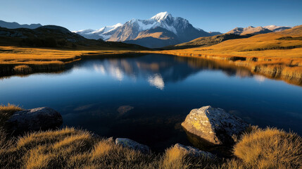 Fototapeta premium Serene mountain landscape with snow-capped peaks reflecting in a calm lake surrounded by golden grass under a clear blue sky.