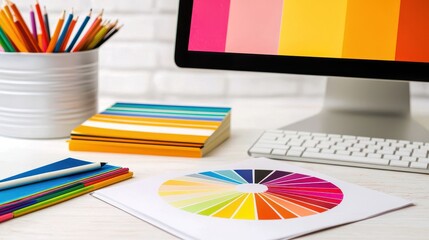 Vibrant workspace with color palette, stationery, and computer, designed for creative projects and color selection.