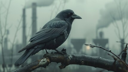 Dark crow perched on frosty branch with industrial landscape in background. symbolizes nature versus industry and environmental awareness.
