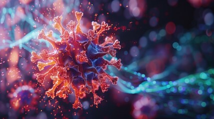 Colorful microscopic view of virus with glowing strands on dark background. scientific visualization, biology, and microbiology studies.