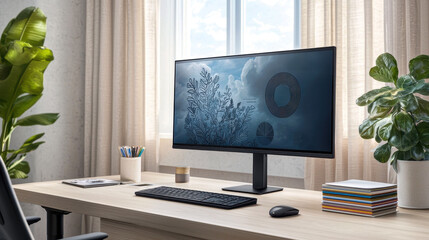 A modern workspace featuring a sleek monitor on a wooden desk, surrounded by plants and natural light from the window.