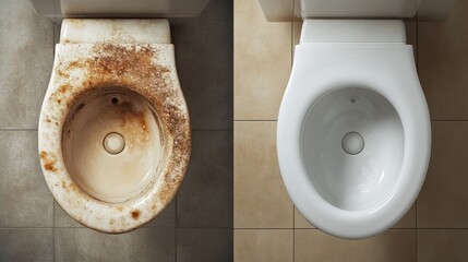 Dirty toilet on left and clean toilet on right, highlighting cleanliness contrast. hygienic lifestyle and cleaning effectiveness.