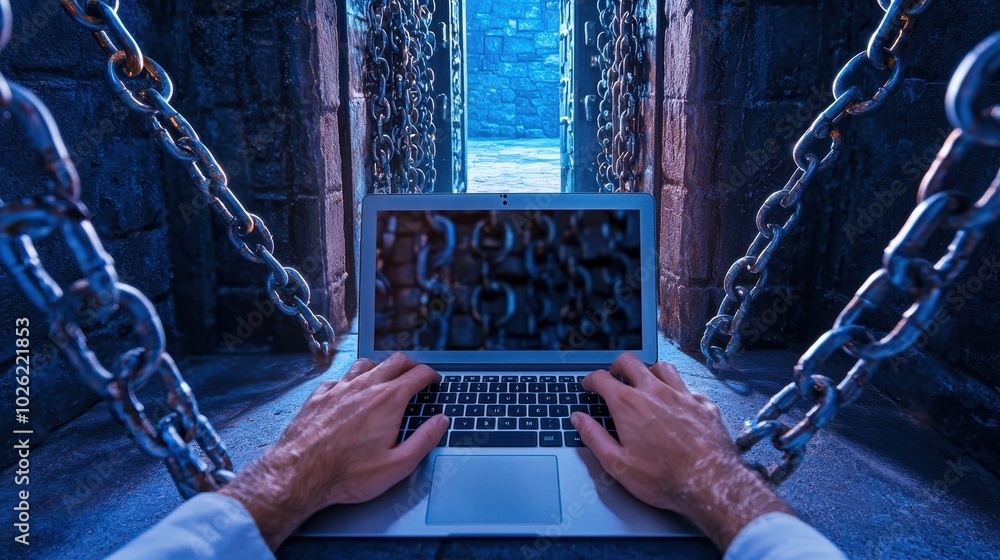 Poster from behind, an individual types rapidly on a laptop in a dark room; multiple locks and chains adorn