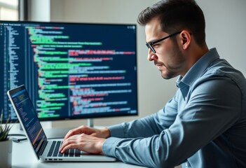 Businessman conducting code review and analysis on laptop comput