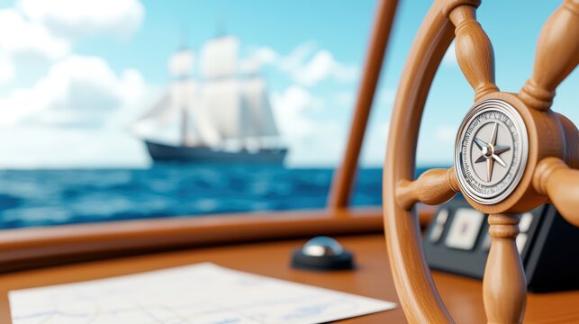A ship's wheel in focus with a classic sailing ship in the background, epitomizing maritime adventure.