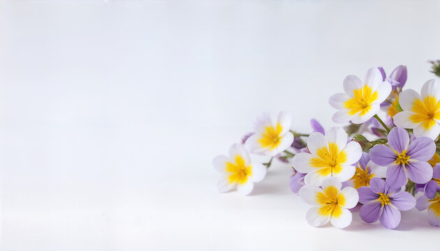delicate yellow and purple flowers on white background