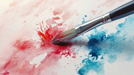 close-up of a watercolor brush with a splash of paint on a white palette soft shadows minimalist composition  ideal for art-related content and hobby blogs.