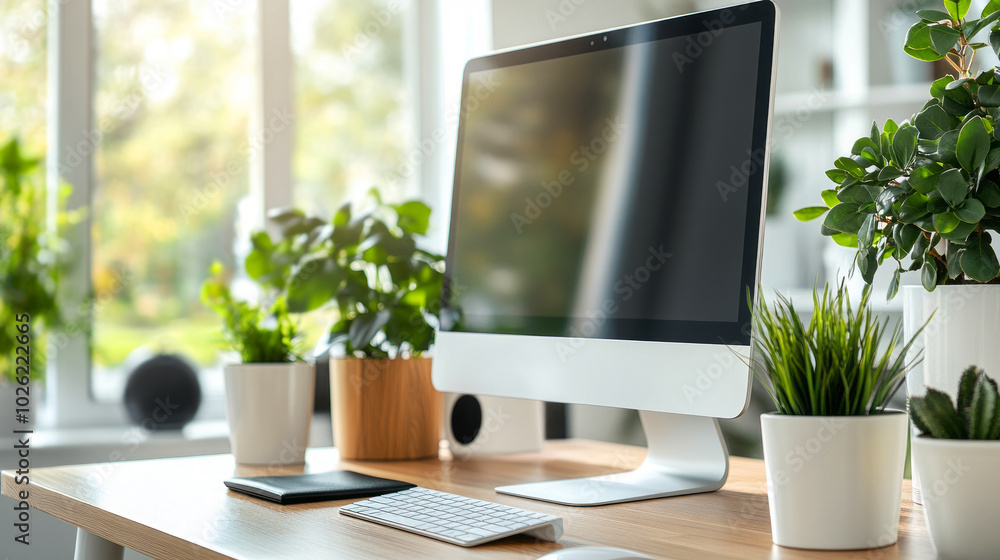 Poster ergonomic workspace with plants and computer setup