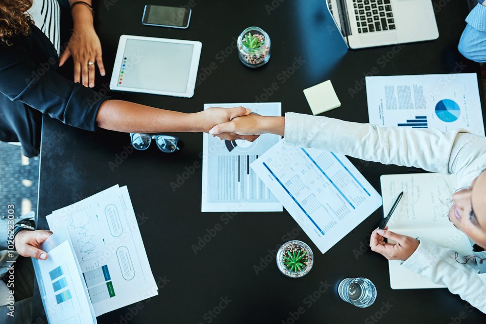 Canvas Prints Office, above and business people by documents with handshake, partnership and teamwork for project. Boardroom, employees and accountants with shaking hands for agreement, investment deal and meeting