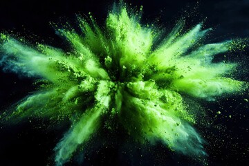 A vibrant green explosion of powder creates a dynamic visual effect against a dark background.