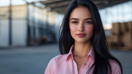 Fototapeta premium A woman with long black hair and a pink shirt is standing in front of a building