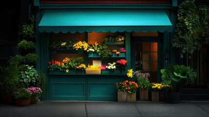A charming flower shop adorned with colorful blooms, showcasing a stunning array of plants under a teal awning, inviting passersby to explore its floral wonders as evening falls.