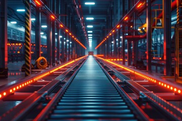 Red-lit conveyor belt in futuristic factory interior.