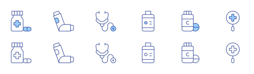 Pharmacy icon set in two styles, Duotone and Thin Line style. Editable stroke. medicine, inhaler, vitamins, stethoscope, health