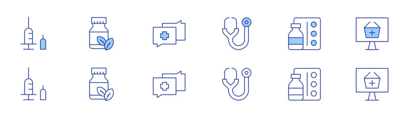 Pharmacy icon set in two styles, Duotone and Thin Line style. Editable stroke. stethoscope, pills, insulin, online pharmacy, herbal, diagnosis