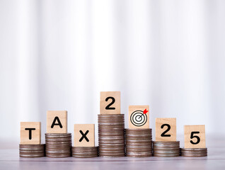 Wooden blocks with the word TAX and number 2025 on stack of coins. The concept of prepare to pay tax in year 2025
