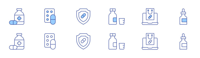 Pharmacy icon set in two styles, Duotone and Thin Line style. Editable stroke. syrup, buy online, medicine, drug, dropper, shield