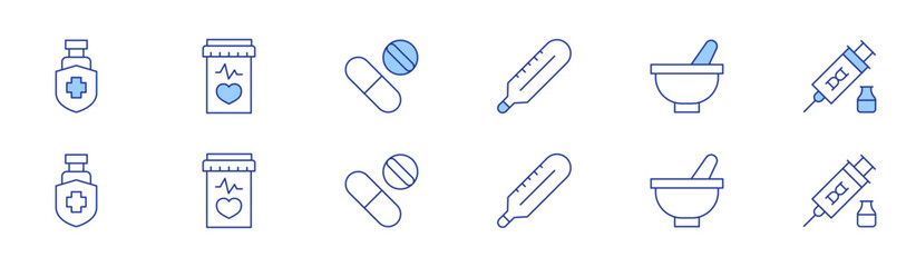 Pharmacy icon set in two styles, Duotone and Thin Line style. Editable stroke. protection, thermometer, pill, medicine, mortar, stem cells