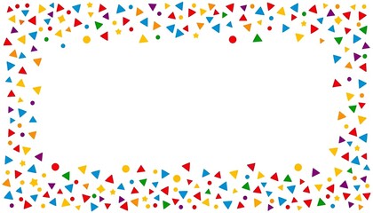 frame made of colorful confetti, Abstract, multicolored confetti border featuring triangles, stars, and circles on a white canvas, creating a dynamic repeat pattern for birthday party decor 