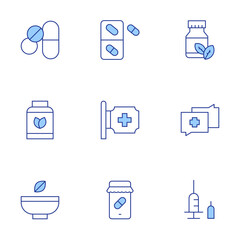 Pharmacy icons set. Line Duotone style, editable stroke. medicines, vegan, pills, online pharmacy, pharmacy, insulin, herbal, diagnosis