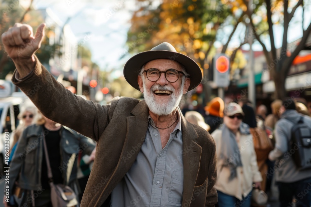 Wall mural portrait of senior man in hat and eyeglasses showing thumbs up on the street