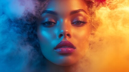 A woman with a purple lip is in front of a colorful background