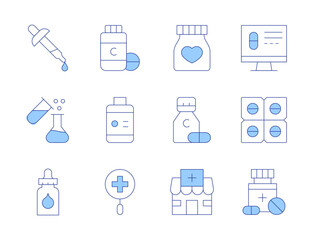 Pharmacy icons. Line Duotone style, editable stroke. mixing, medicine, pharmacy, eye drops, online pharmacy, vitamins, health, vitamin c, pills, jar, eye drop