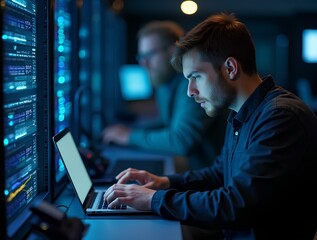 IT technician checking the servers vitals using laptop computer, employee network administrator or cloud computing engineer of networking repair technology in server room database security workplace.