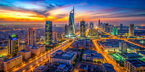 Fototapeta premium stunning cityscape of Riyadh at dusk, showcasing iconic KAFD structures illuminated against vibrant sunset. skyline reflects modern architecture and urban life