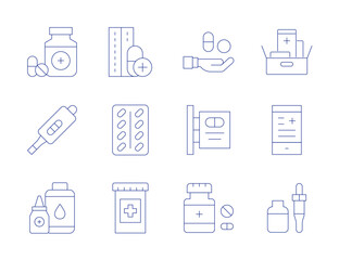 Pharmacy icons. Thin Line style, editable stroke. pills, pharmacy, pill, medicine, medicines, pregnancy test, liquid drop, online pharmacy