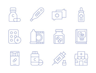 Pharmacy icons. Thin Line style, editable stroke. vitamin c, pills, online pharmacy, medicine, pharmacy, pregnancy test, condom, vitamins, diagnosis, stem cells