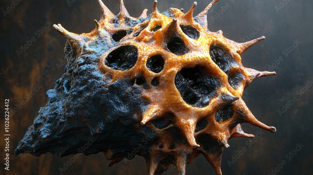 Poster a detailed 3d render of a single virus particle, with intricate surface structures