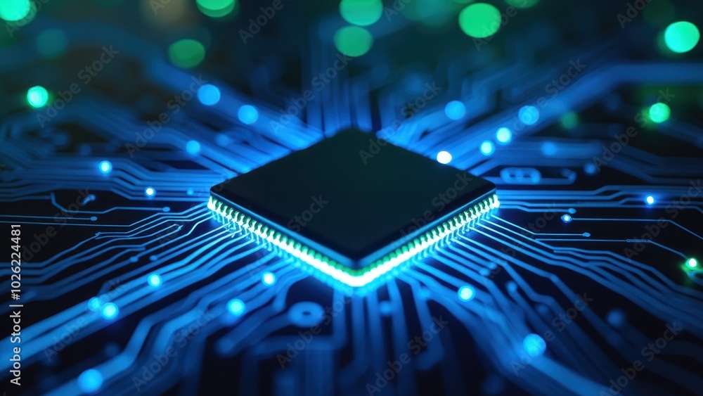 Poster circuit board with futuristic design and glowing elements