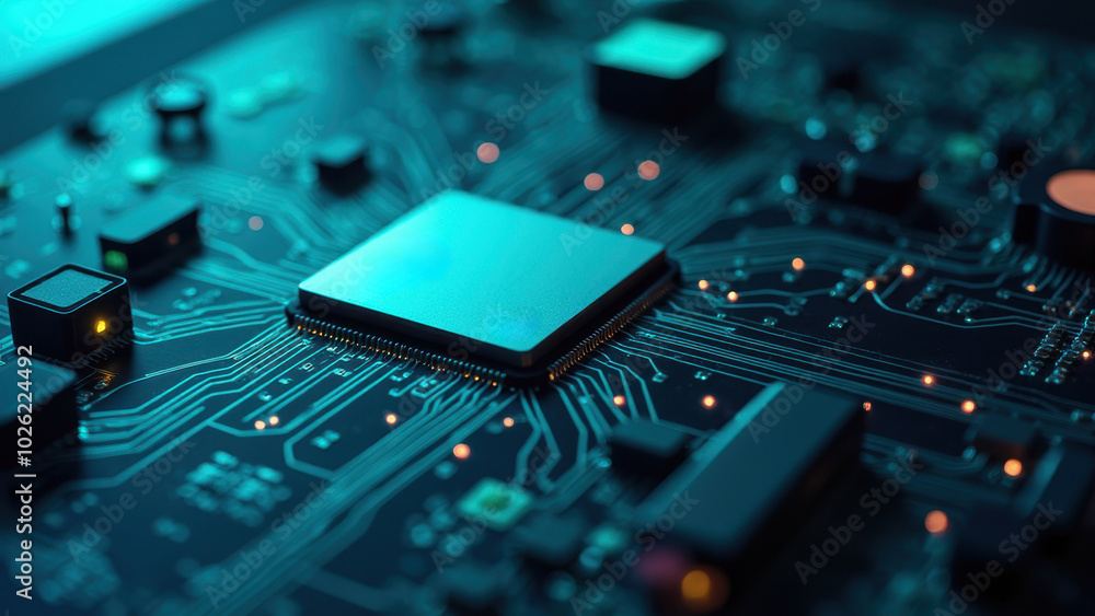 Poster microchip on circuit board in dark space