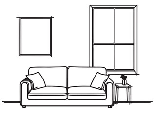 Sketch interior. Doodle living room with sofa and window