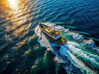 Fototapeta premium Aerial view of small cargo boat navigating through shimmering ocean waters, leaving wake behind as sun reflects off surface, creating serene and dynamic scene