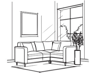 Sketch interior. Doodle living room with sofa and window