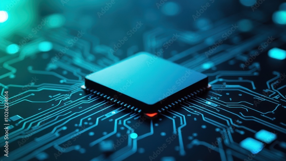 Poster modern circuit board with processor chip in space