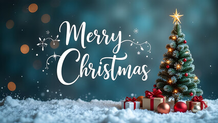 Christmas holiday background with white Handwriting thin Letters Merry Christmas over red Christmas blue blurred background with small snow Christmas tree and balls