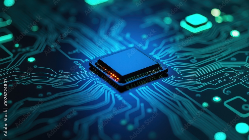 Poster microchip on circuit board with glowing traces