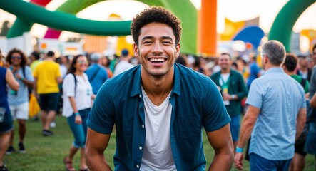 Young Brazilian guy in a casual shirt and shorts joyful smile portrait photo outdoor festival background