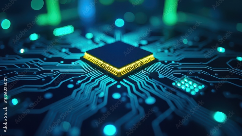 Poster close-up of circuit board with microchip and lights