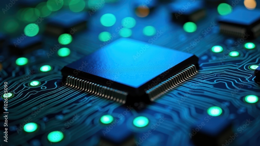 Poster Detailed Circuit Board with Glowing LEDs and Microchip